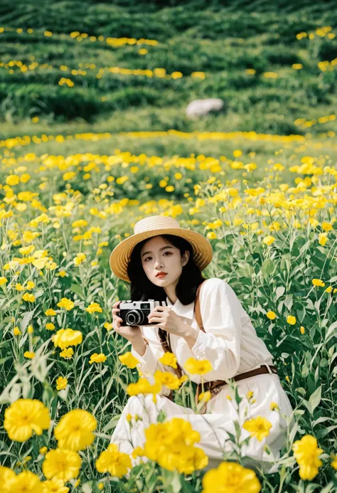 a asian woman wearing a straw hat is sitting in a field of yellow flowers, holding a camera to take a photo.