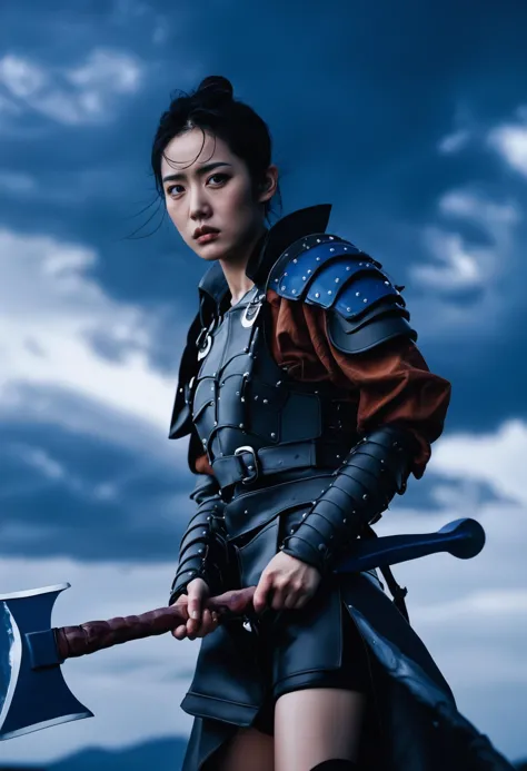 a asian woman wearing a leather armor, holding a blue axe, with a determined expression, and a background of a stormy sky.