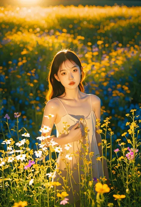 a young asian woman bathed in the warm glow of golden hour, standing in a field of wildflowers, soft shadows, radiant sunlight, ...