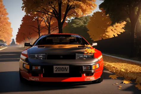 300zx, black,rally car parked on a street covered with leaves in autumn in a (city:1.3), fall, global illumination, volumetric l...