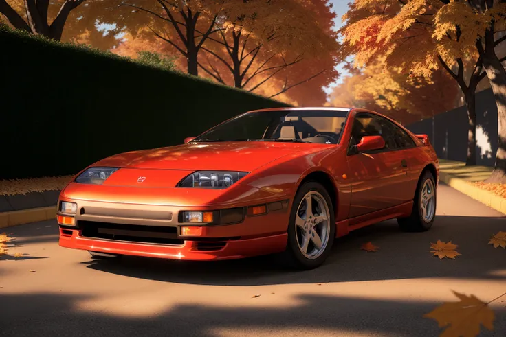 300zx, red,sports car parked on a street covered with leaves in autumn in a (city:1.3), fall, global illumination, volumetric li...