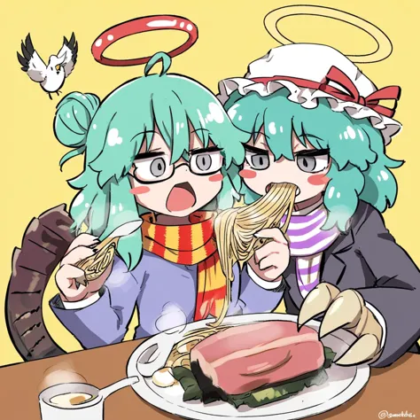 eating ramen, claws, restaurant, semi-rimless eyewear, grey eyes, bird, striped scarf, kirisame marisa, jacket partially removed...