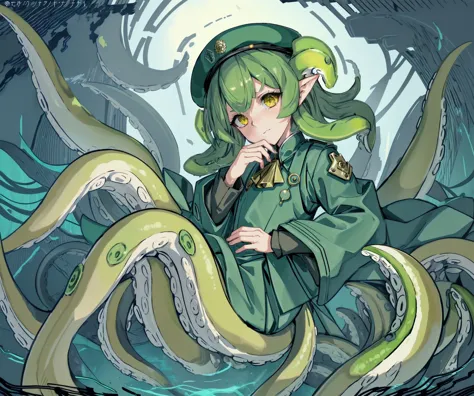 anime girl in green uniform with octopus tentacles around her