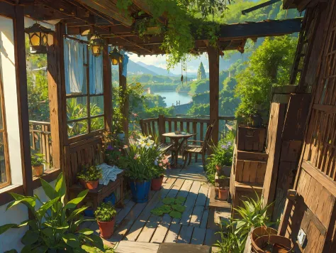 (micro-landscape:1.5),(best quality), ((masterpiece)), (highres), illustration, original, extremely detailed wallpaper, no humans, window, scenery, plant, water, potted plant, outdoors, building, door, house,  flower pot, day, lily pad, chair, flower, table, stairs, watermark, hat, tree,  sunlight, pond, grass, indoors,  reflection, lamp, balcony, black headwear, bush, sky, railing, desk, open window, shelf, leaf, book, web address, copyright name, ladder, architecture, shadow, solo, dated, vines, vase, city, cafe, lantern, bucket, ruins, bench, shop, signature, moss, boat, barrel, river,