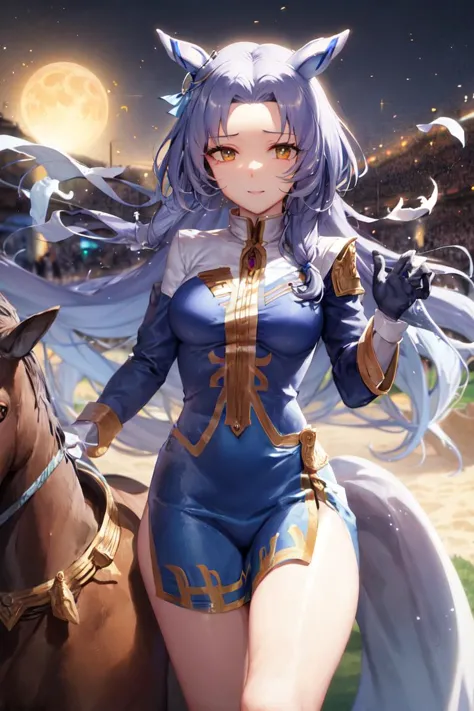 a woman in a blue outfit riding a horse with a horse