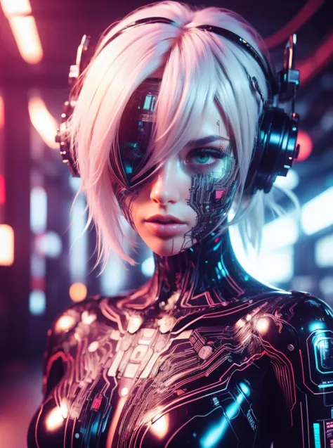 a woman in a futuristic suit with headphones and headphones