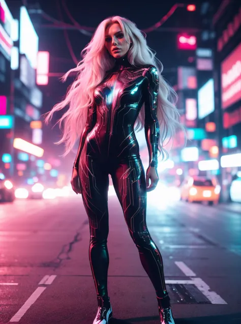 a woman in a black and red suit standing on a city street