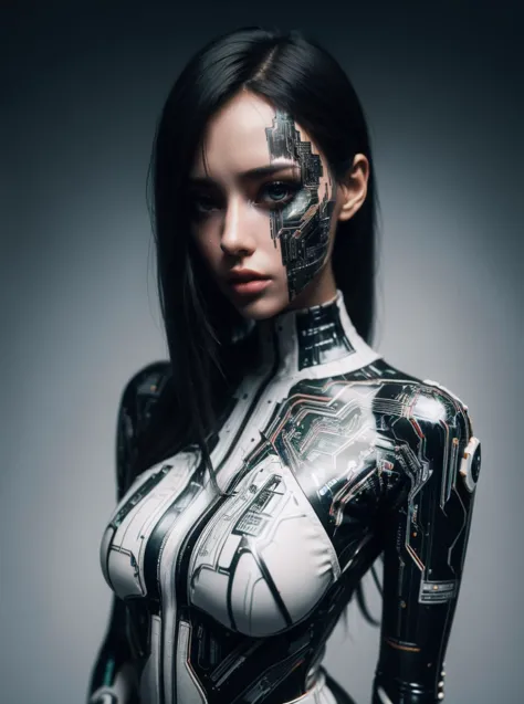 a woman in a futuristic suit with a face paint