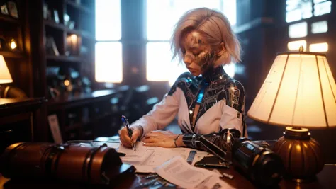 arafed woman sitting at a desk writing in a room