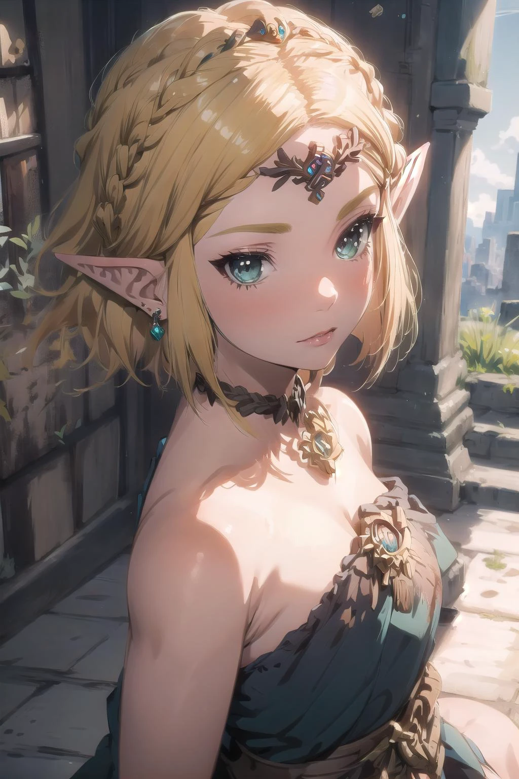 ultra-detailed,masterpiece,best quality,extremely detailed,watercolor,sharp focus,portrait,illustration,ZeldaTOTK,princess zelda,greed eyes,jewelry,pointy ears,blonde hair,crown braid,short hair, medium breasts,NSFW,medium breasts,