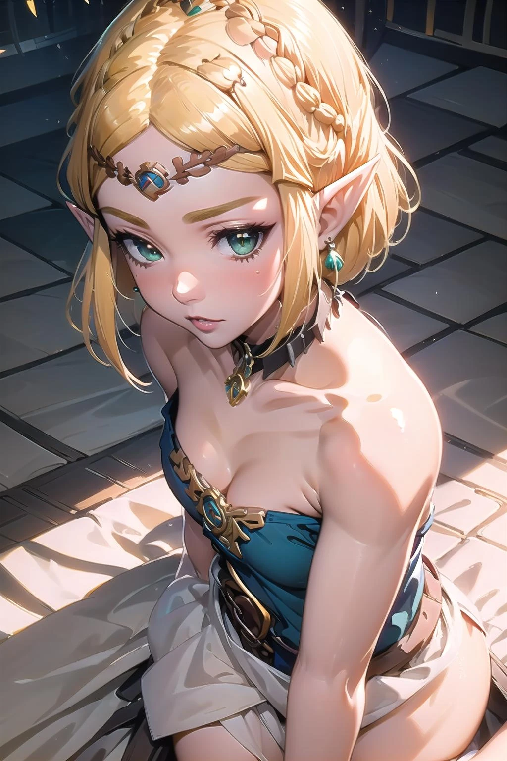 ultra-detailed,masterpiece,best quality,extremely detailed,watercolor,sharp focus,portrait,illustration,ZeldaTOTK,princess zelda,greed eyes,jewelry,pointy ears,blonde hair,crown braid,short hair, medium breasts,NSFW,medium breasts, NSFW,sidedoggystyle ,ass,doggystyle,sex