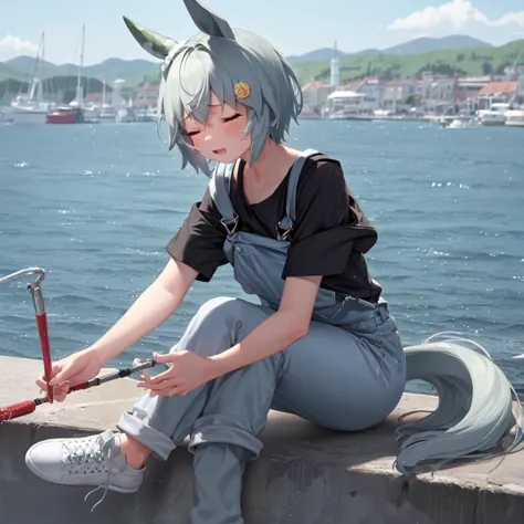 anime girl sitting on a wall with a sword and a fish