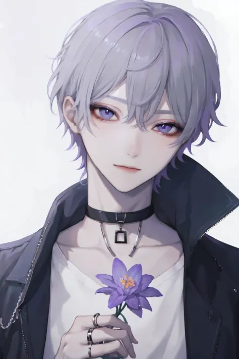 1boy, male focus, flower, solo, holding, jewelry, holding flower, ring, short hair, looking at viewer, choker, shirt, bishounen,...