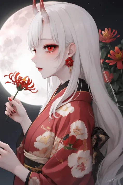 horns,red eyes,earrings,jewelry,1girl,applying makeup,oni horns,red nails,spider lily,white hair,moon,holding,virtual youtuber,o...