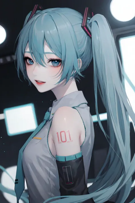 1girl, solo, hatsune miku, long hair, twintails, detached sleeves, shirt, looking at viewer, upper body, sleeveless shirt, very ...