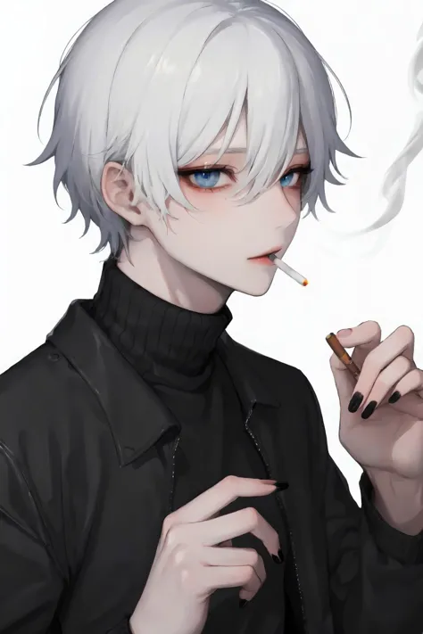 male focus, 1boy, blue eyes, solo, white background, holding, cigarette, looking at viewer, simple background, black nails, hold...