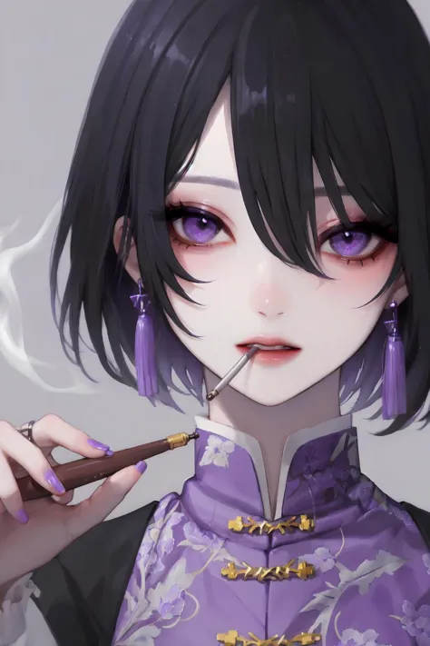 1solo,1girl,smoke,smoking pipe,black hair,short hair,holding,looking at viewer,jewelry,earrings,holding smoking pipe,parted lips...