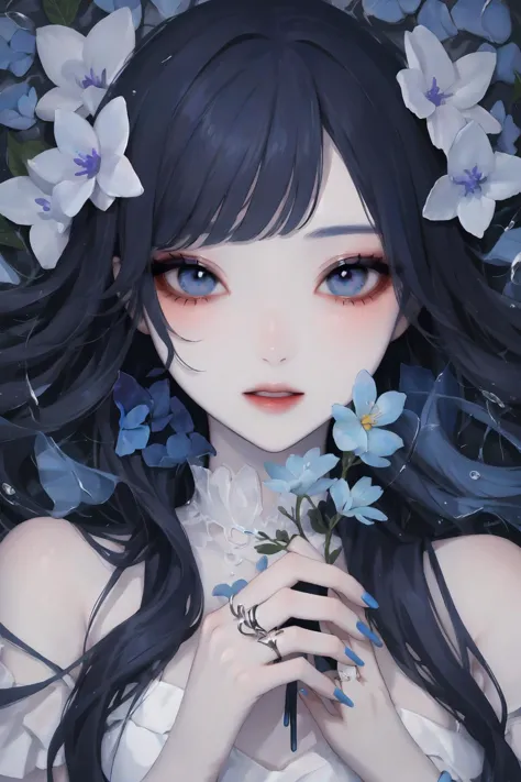 1girl,flower,solo,ring,hair flower,hair ornament,looking at viewer,jewelry,long hair,blue eyes,bangs,blue hair,parted lips,swept...