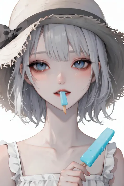 1girl,solo,hat,food,blue eyes,popsicle,looking at viewer,collarbone,short hair,white background,straw hat,holding,frills,white b...