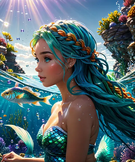 éthéré fantasy concept art of Beautiful mermaid posing eloquently, belle créature, haute résolution, chef-d&#39;œuvre, 1 nageoire caudale, Caustiques, Océan réaliste, ondulations, récifs, Caustiques, Rayons de lumière, bulles, toutes sortes de poissons courts_redoute_style de coiffure-swirlmagic . magnifique, céleste, éthéré, pictural, épique, majestueux, magique, art fantastique, Couverture, rêveur