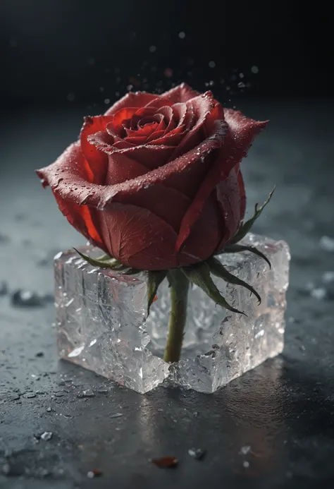 (photorealistic:1.3),<lora:real_skin:1>,
close-up photo of a beautiful red rose breaking through a cube made of ice,splintered c...