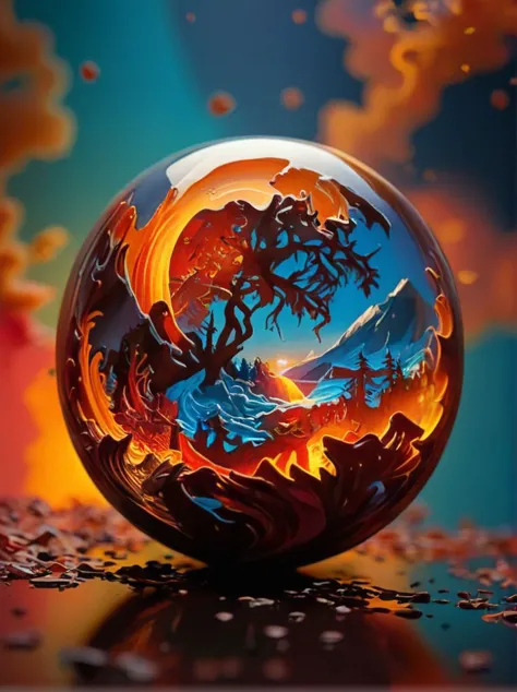 kirigami, paper cut, a surreal and vibrant scene. At the center, there's a spherical object that appears to be a crystal ball, but with a twist it's not just a crystal ball, it's a portal to another world. The portal is a swirling vortex of colors, with h...