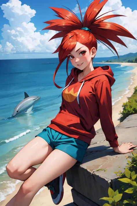 masterpiece, best quality, orasFlannery, red hoodie, looking at viewer, dolphin shorts, from smile, smile, ocean, city <lora:fla...
