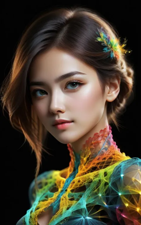 a woman with a colorful dress and a feather in her hair