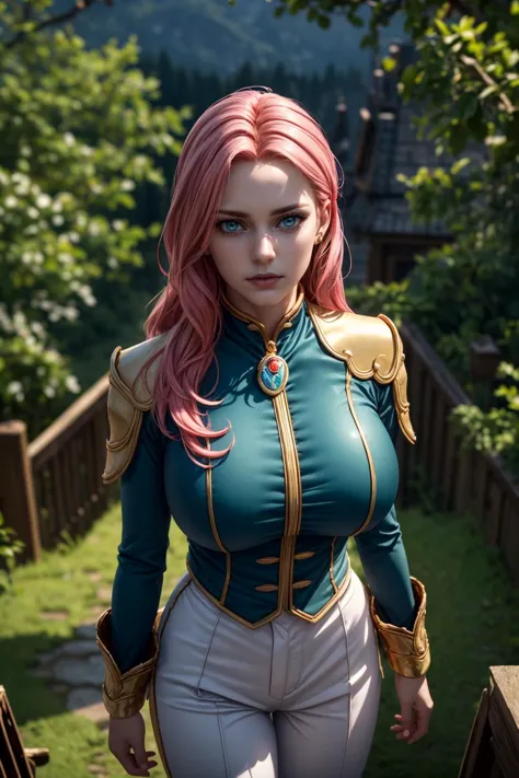 (ultra realistic,32k, masterpiece:1.2),(high detailed skin:1.1),( high quality:1.1),mature adult women, muscular
<lora:Eclair Seaetoo:0.7>long hair, pink hair, blue eyes, teal and gold military uniform, white pants, white pelt,(looking at viewer, standing, from above:1.1),, huge breast,large breast,<lora:add_detail:0.8>,
(moody lighting:1.1),   shadowvale, eternal twilight, eerie silence, hauntingly beautiful, blurry background