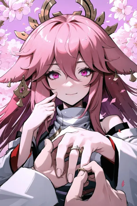 a woman with pink hair and a ring on her finger