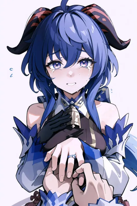 a close up of a person with blue hair and a glove