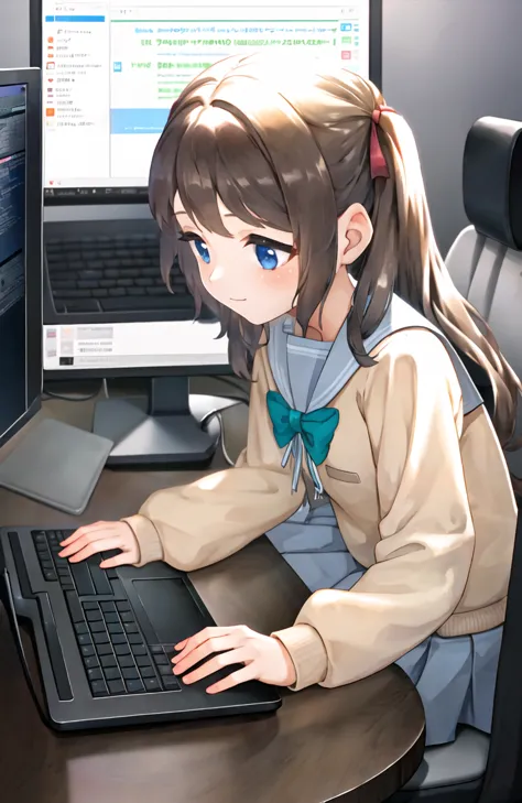 solo, 1girl, <lora:neurosamaV2:0.8>, schoolgirl uniform, hacking computer