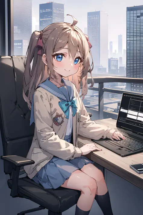 masterpiece, best quality, 1girl, solo, smile, school uniform, computer, cyberpunk, cityscape, skyscraper