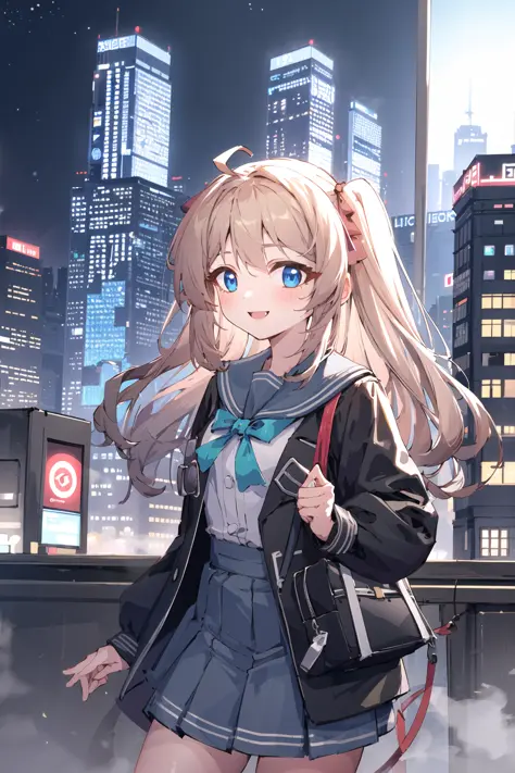 masterpiece, best quality, 1girl, solo, <lora:neurosamaV2:0.8>, smile, school uniform, computer, cyberpunk, cityscape, skyscrape...