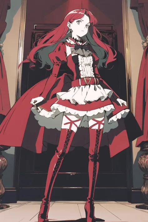 anime girl in red and white dress standing in front of a doorway