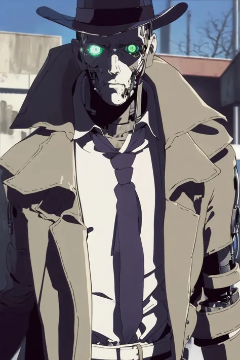 anime character in a hat and trench coat with green eyes