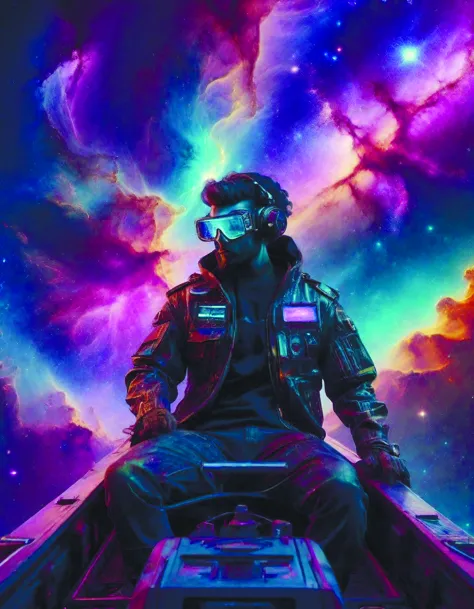 a flsherman,sitting boat amidst a large galaxy nebula,wearing cyberpunk clothing,vaporwave aesthetic,colorful,psychedelic,digita...