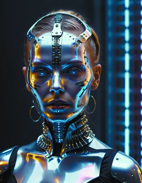 a seamless pattern of symmetrical portraits of biomechanical cyborgs wearing a silicone circuits studded iridescent beauty mask and neon hair buns,wearing a black bodysuit van herpen,cream white background,soft diffused light,biotechnology,humanoid robot,perfectly symmetric,damask pattern,bjork aesthetic,translucent dijkstra,intricate details,highly detailed,masterpiece,ily,scifi by diegocr,DonMPl4sm4T3chXL c1bo 