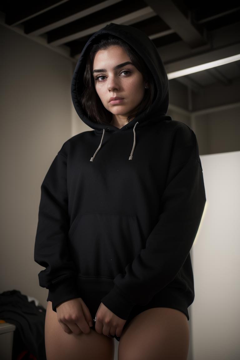 A close up of a woman in a black hoodie posing for a picture - SeaArt AI