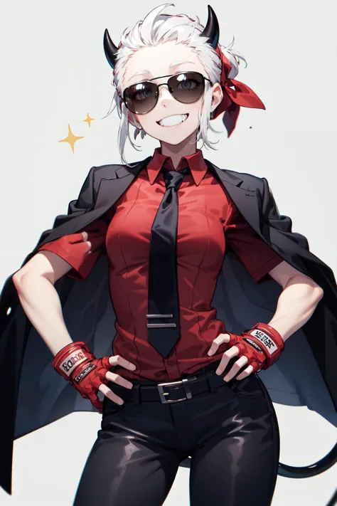 justice(helltaker), black horns, smile, tail, pants, black pants, white hair, grin, belt, sparkle, demon horns, red shirt, shirt...