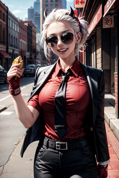 blond woman in red shirt and black leather jacket holding a sandwich