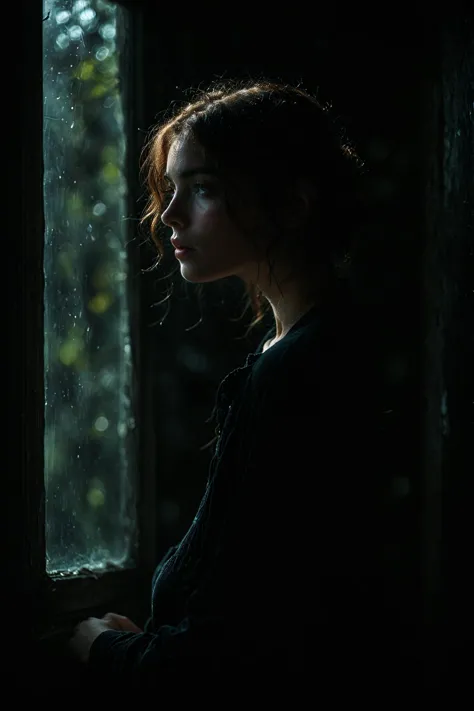 a woman looking out a window at the rain outside