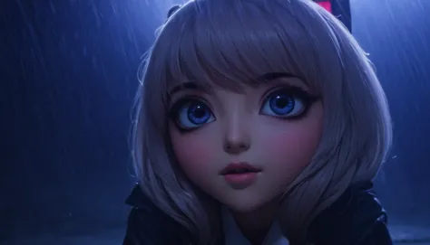 a close up of a girl with blue eyes and a black jacket