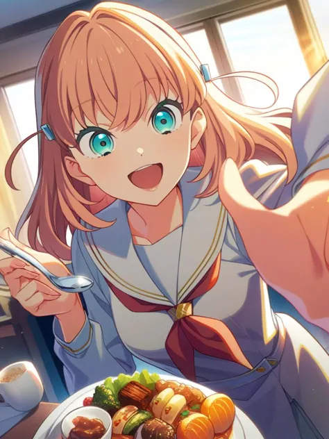 anime girl with blue eyes eating a plate of food