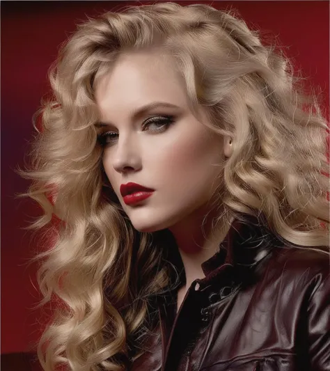 the image showcases a close-up of a american lady with wavy blonde hair, prominent makeup, and a dark-colored jacket. she has a ...