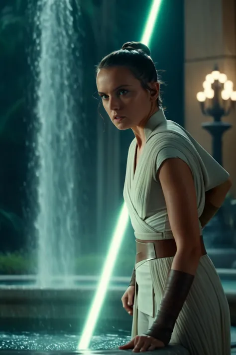 cinematic film still jedi rey, pale pistachio lightsaber, at fountain <lora:Rey_XL:0.8> . shallow depth of field, vignette, highly detailed, high budget Hollywood movie by luca guadagnino, bokeh, cinemascope, moody, epic, gorgeous, film grain, grainy