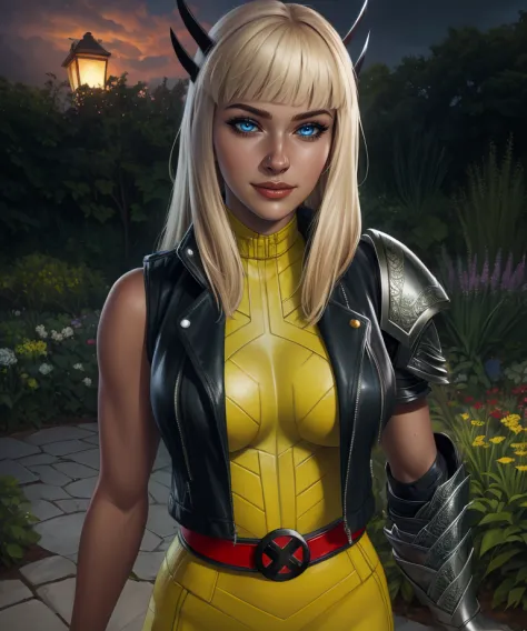 magik,blond hair,blue eyes,horns,bangs,
bodysuit,x belt,open black vest,armored left arm,single gauntlet,
standing,upper body,sm...