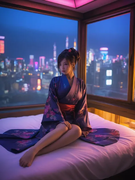 arafed woman in kimono sitting on a bed in front of a window