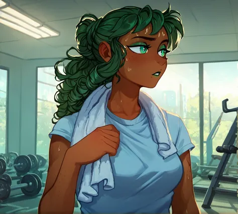 a cartoon of a woman with green hair and a towel