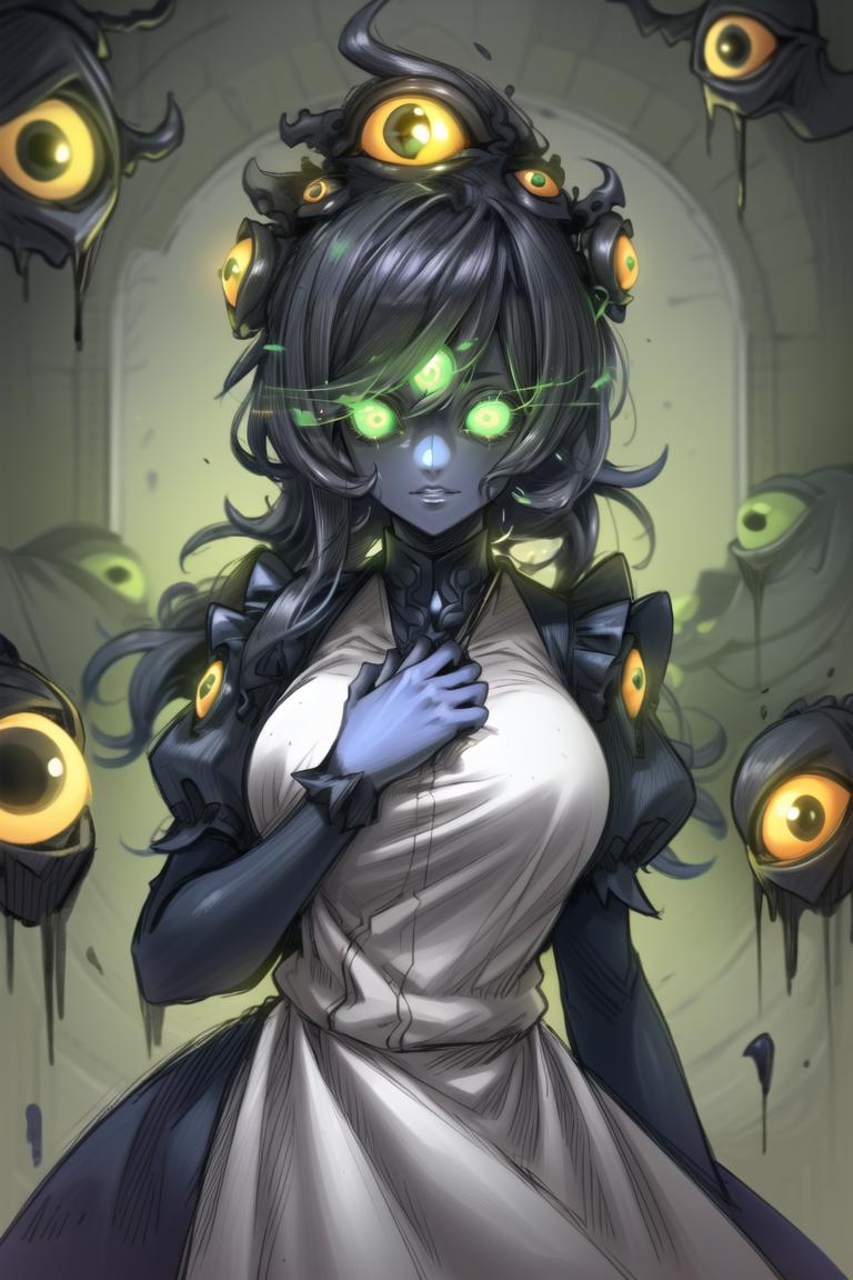 A woman with green eyes and a white dress standing in front of a bunch of  eyes - SeaArt AI